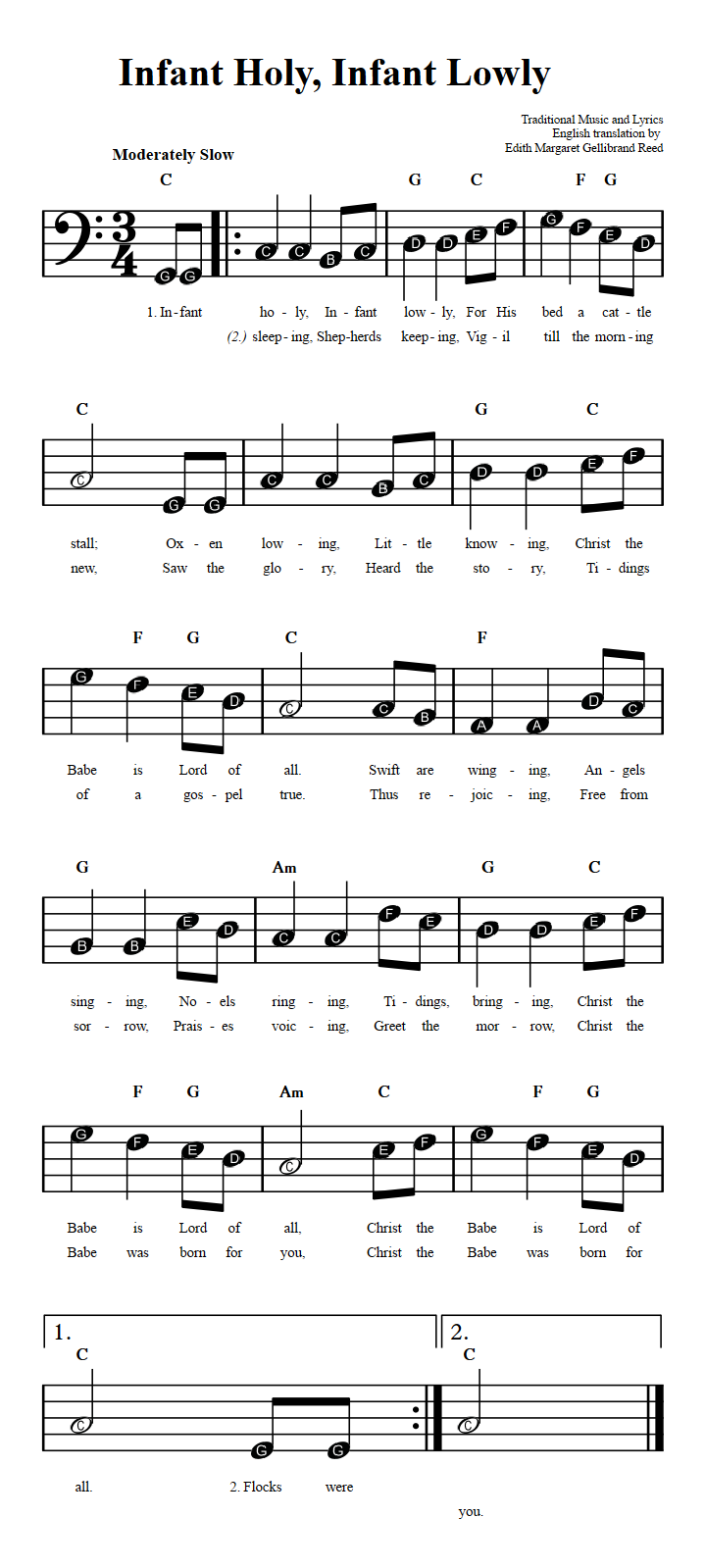 Infant Holy, Infant Lowly  Beginner Bass Clef Sheet Music