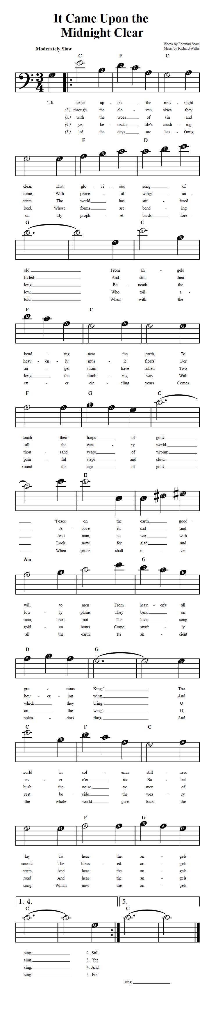 It Came Upon the Midnight Clear  Beginner Bass Clef Sheet Music