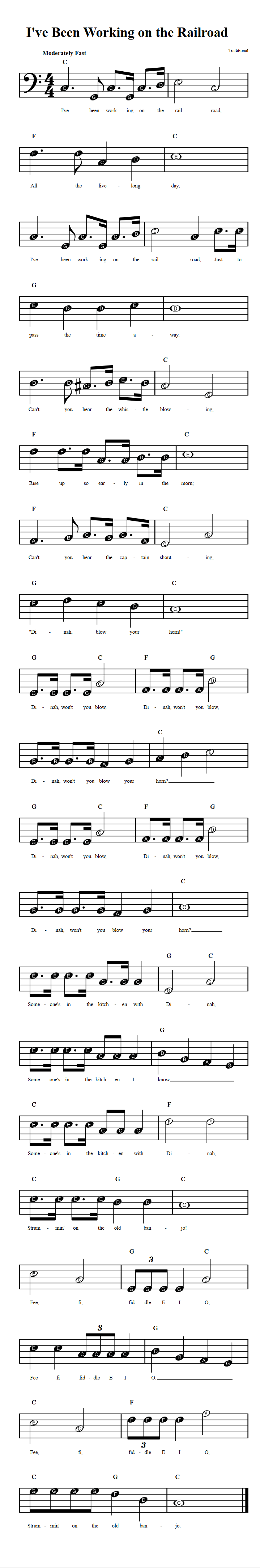 I've Been Working on the Railroad  Beginner Bass Clef Sheet Music