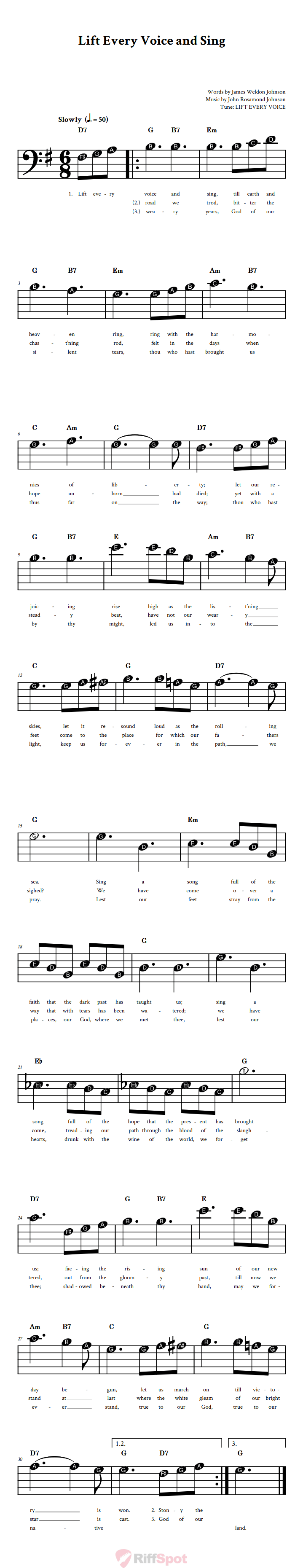 Lift Every Voice and Sing Beginner Bass Clef Sheet Music With Letters for Note Names