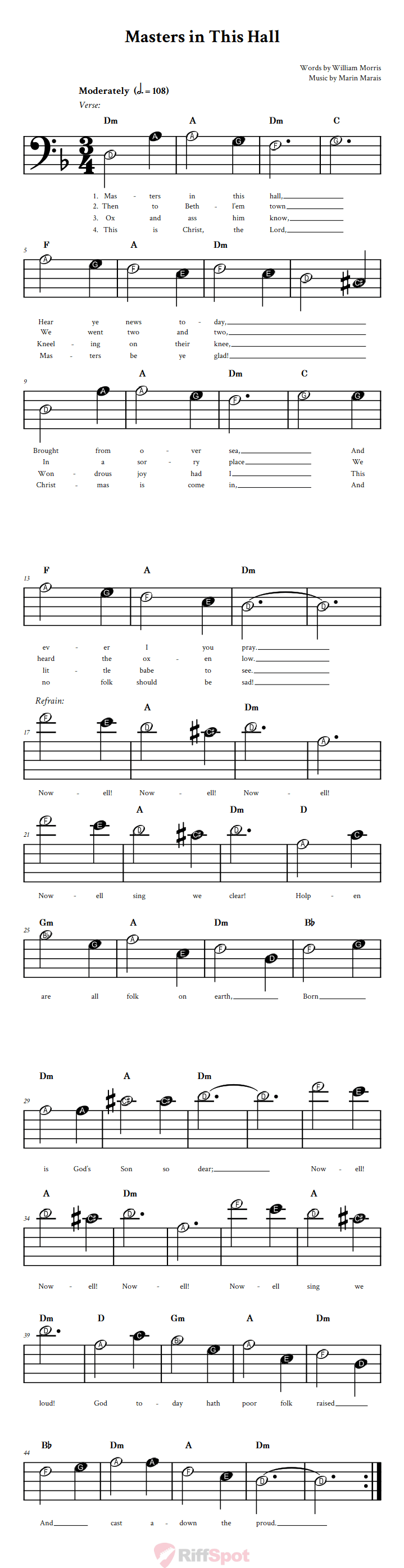 Masters in This Hall Beginner Bass Clef Sheet Music With Letters for Note Names