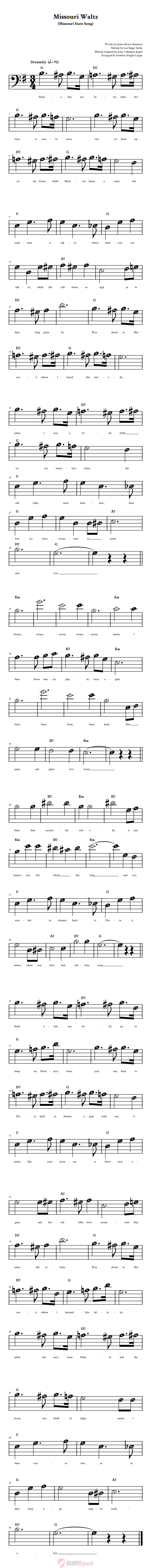 Missouri Waltz Beginner Bass Clef Sheet Music With Letters for Note Names