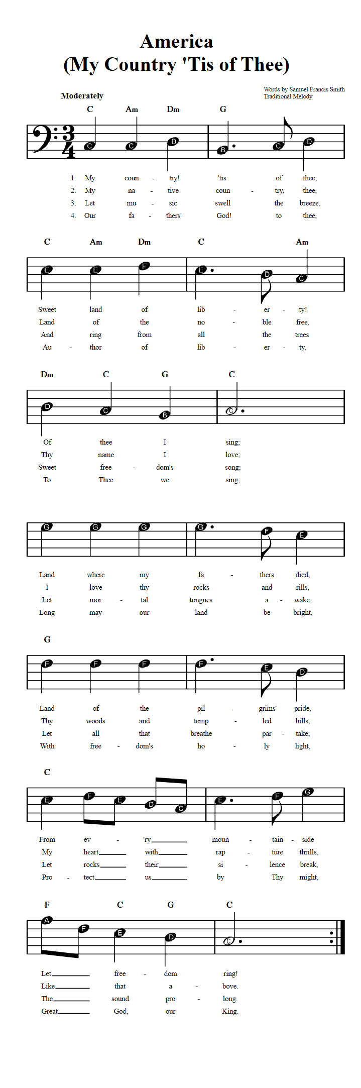 My Country, 'Tis of Thee  Beginner Bass Clef Sheet Music