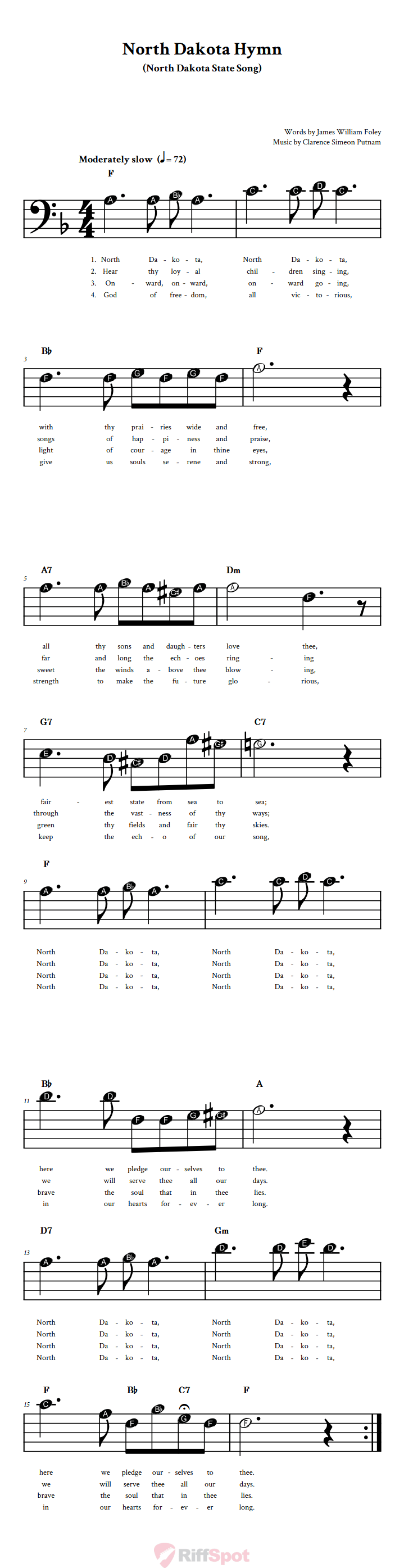 North Dakota Hymn Beginner Bass Clef Sheet Music With Letters for Note Names