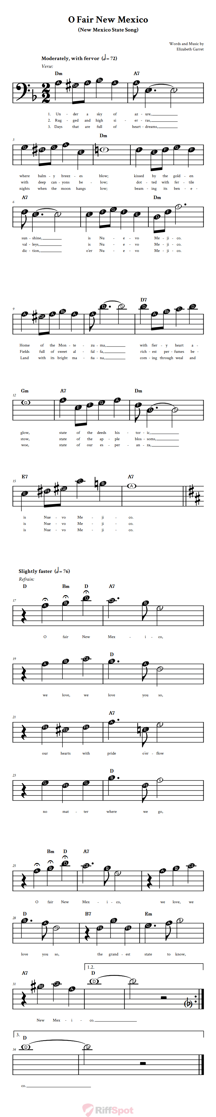 O Fair New Mexico Beginner Bass Clef Sheet Music With Letters for Note Names