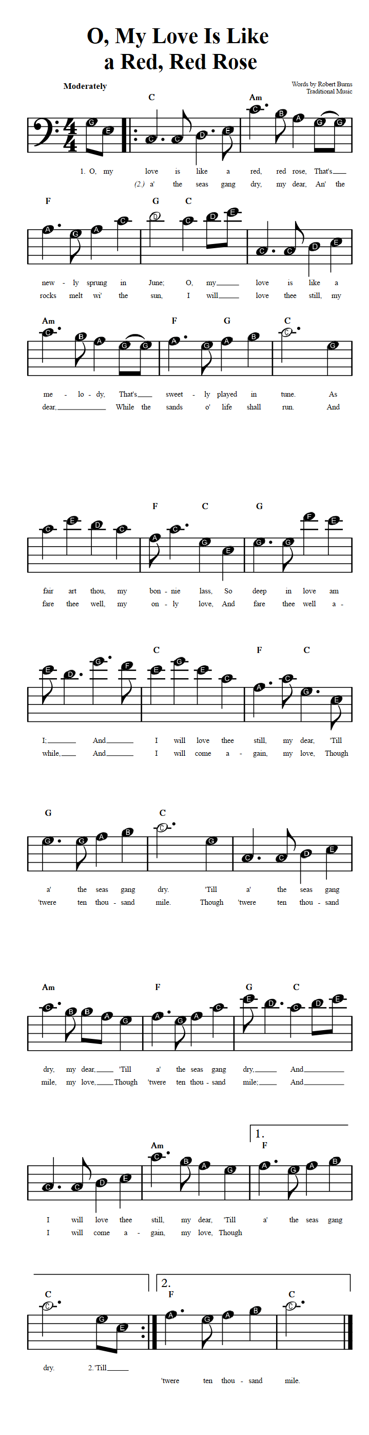 O, My Love Is Like a Red, Red Rose  Beginner Bass Clef Sheet Music