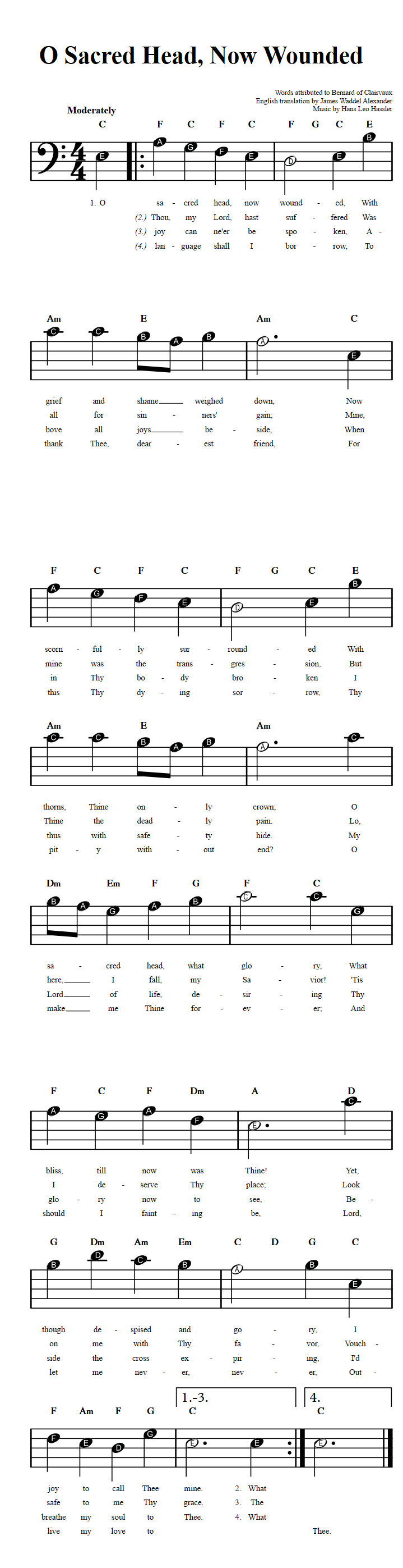 O Sacred Head, Now Wounded  Beginner Bass Clef Sheet Music