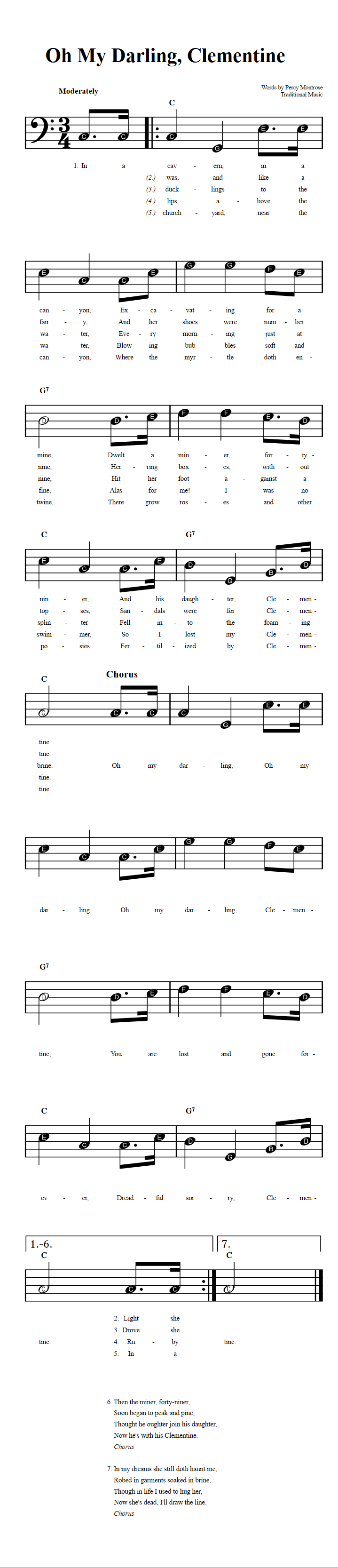 Oh My Darling, Clementine  Beginner Bass Clef Sheet Music