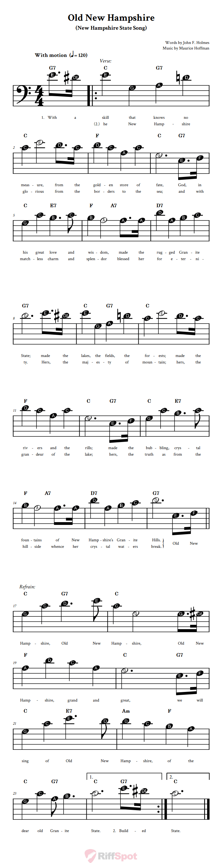 Old New Hampshire Beginner Bass Clef Sheet Music With Letters for Note Names