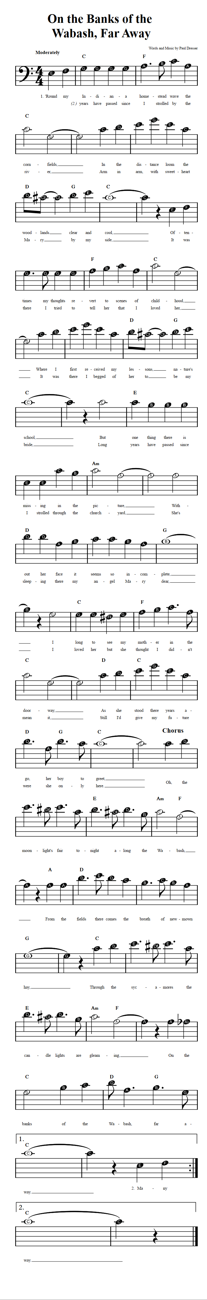 On the Banks of the Wabash, Far Away  Beginner Bass Clef Sheet Music