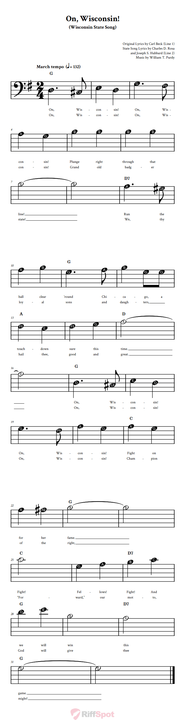 On, Wisconsin! Beginner Bass Clef Sheet Music With Letters for Note Names