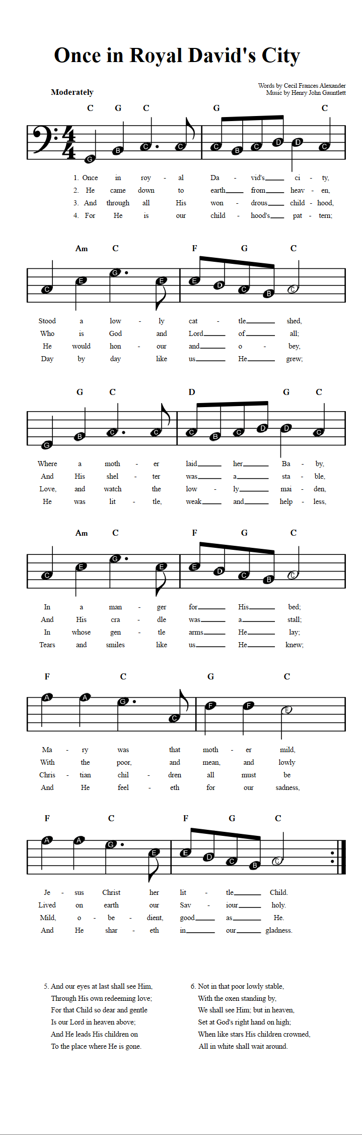 Once in Royal David's City  Beginner Bass Clef Sheet Music