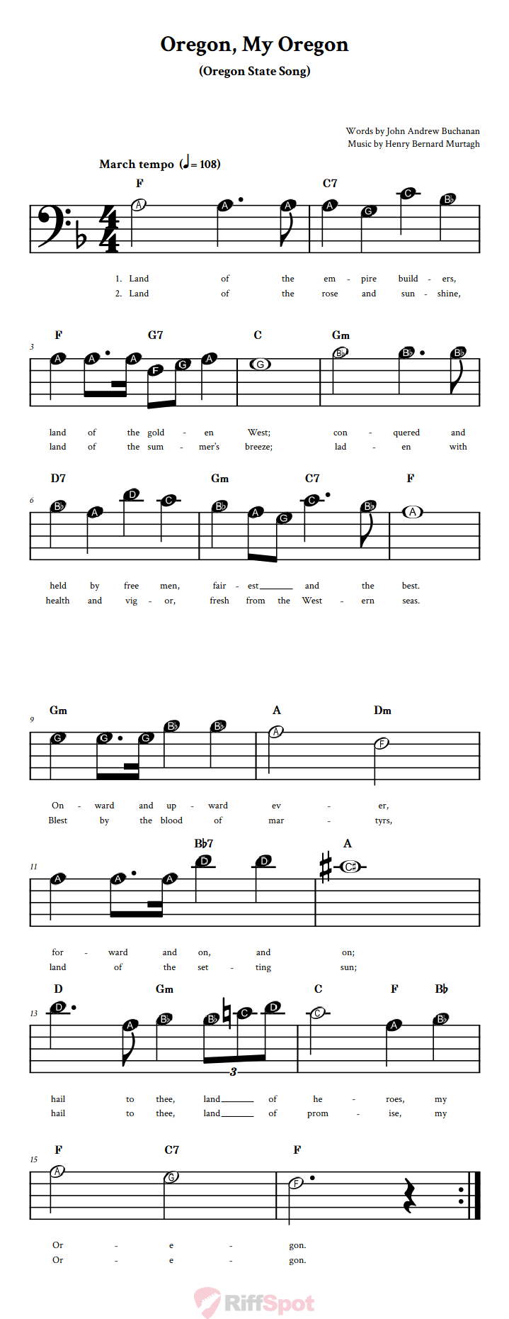 Oregon, My Oregon Beginner Bass Clef Sheet Music With Letters for Note Names
