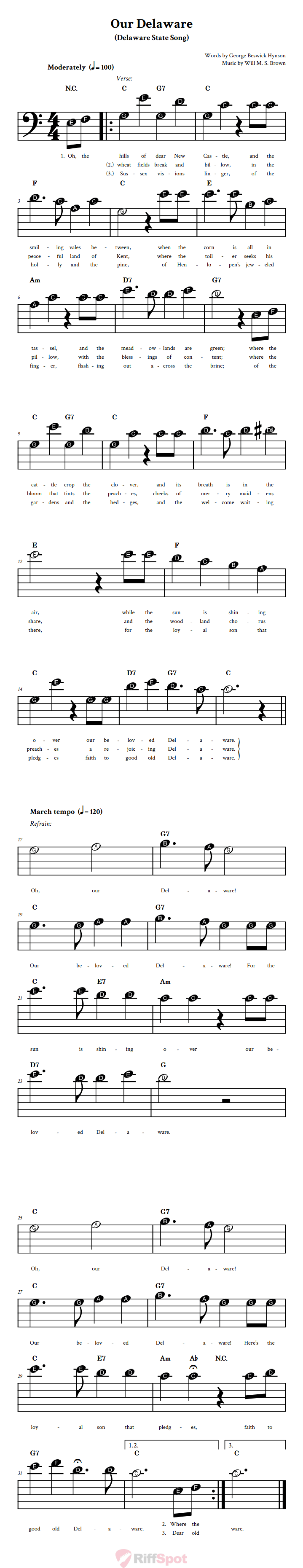 Our Delaware Beginner Bass Clef Sheet Music With Letters for Note Names