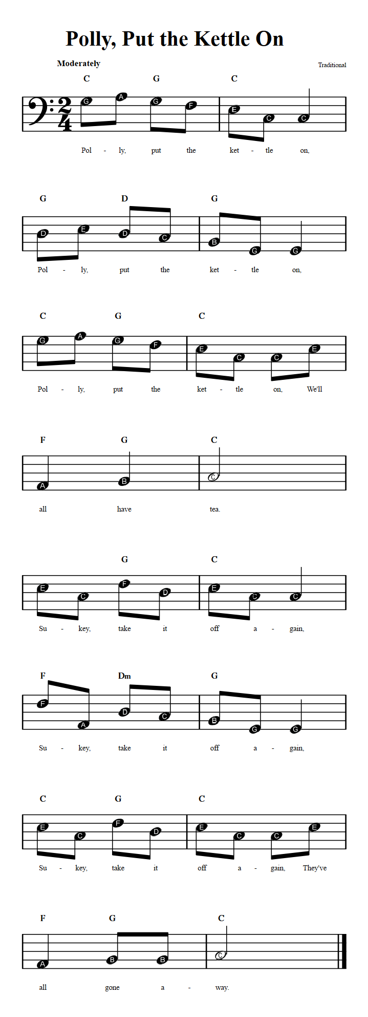 Polly Put the Kettle On  Beginner Bass Clef Sheet Music