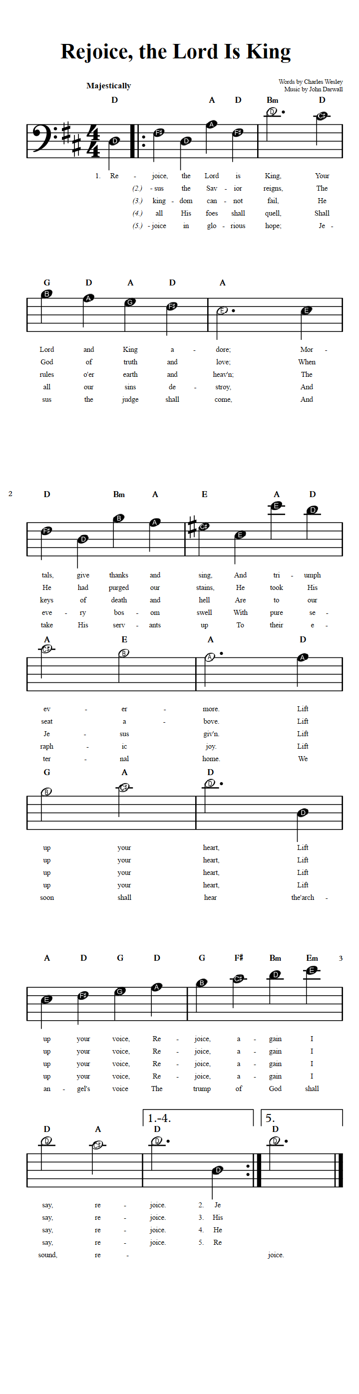 Rejoice, the Lord Is King  Beginner Bass Clef Sheet Music