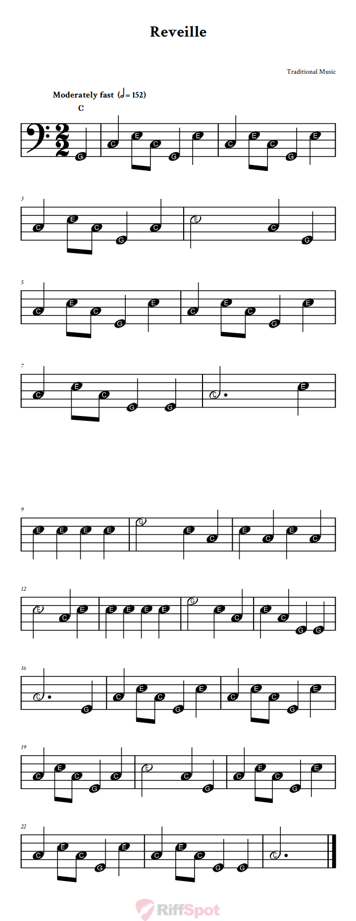 Reveille Beginner Bass Clef Sheet Music With Letters for Note Names