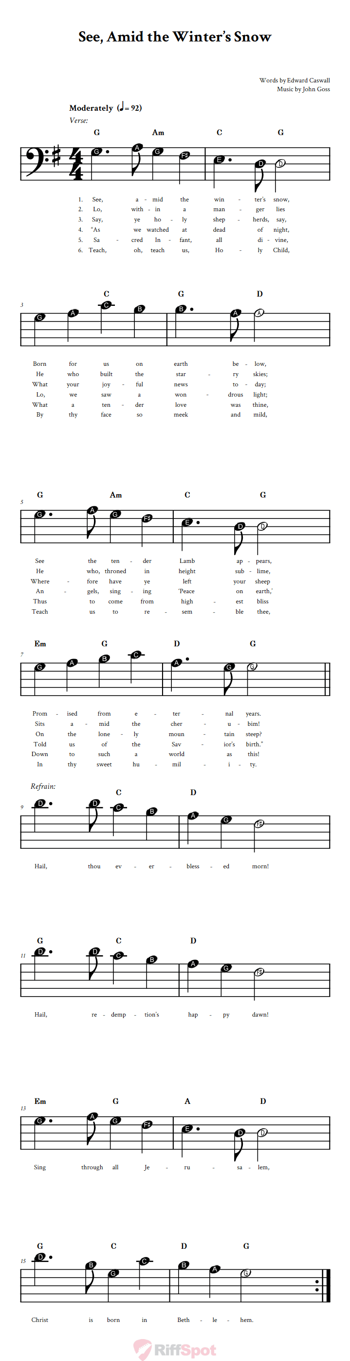 See, Amid the Winter's Snow Beginner Bass Clef Sheet Music With Letters for Note Names