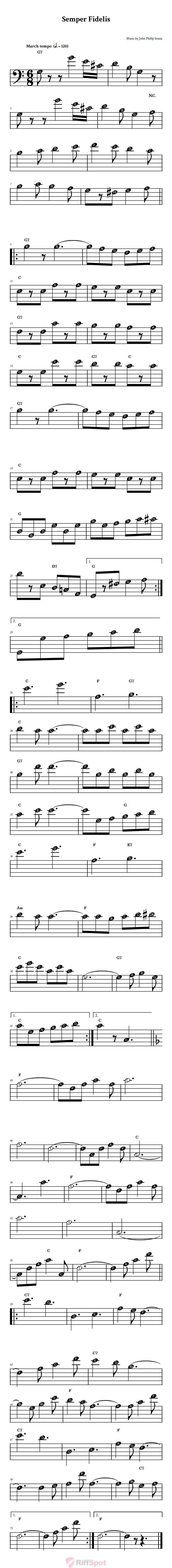 Semper Fidelis Beginner Bass Clef Sheet Music With Letters for Note Names