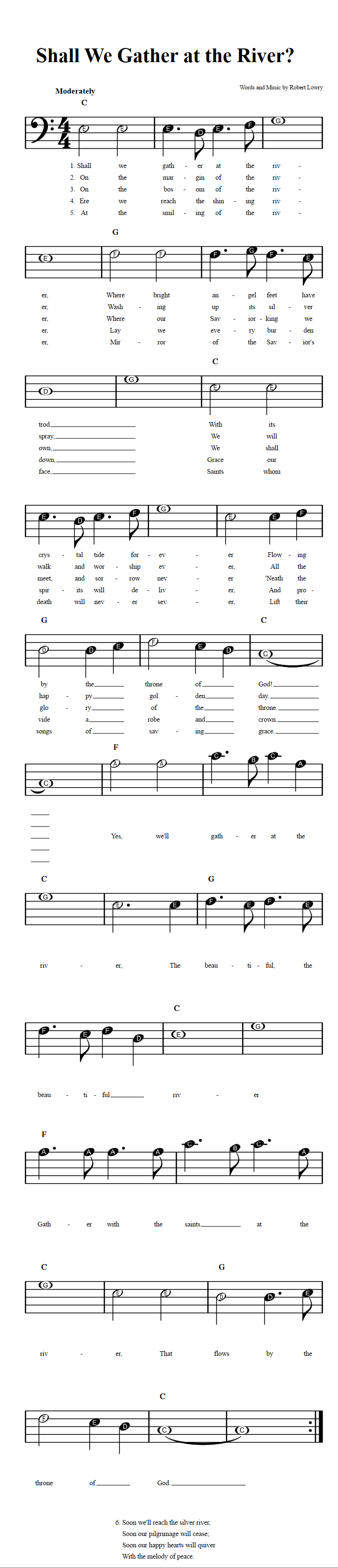 Shall We Gather at the River?  Beginner Bass Clef Sheet Music