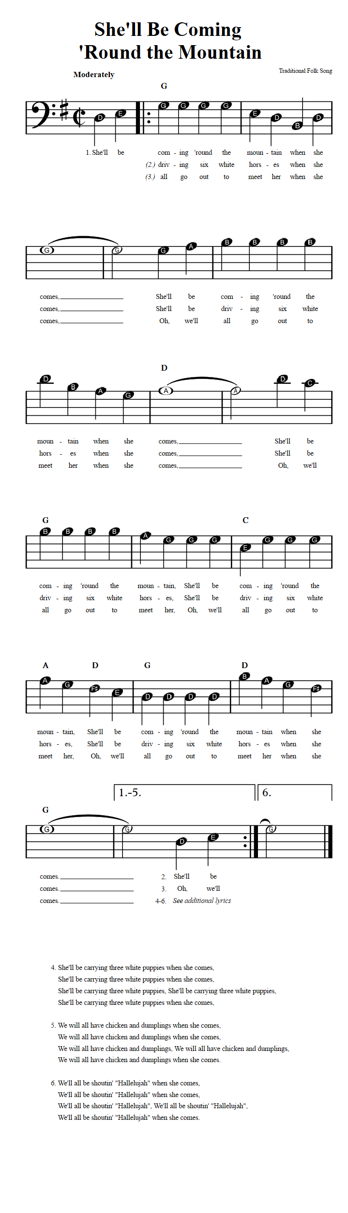 She'll Be Coming 'Round the Mountain  Beginner Bass Clef Sheet Music