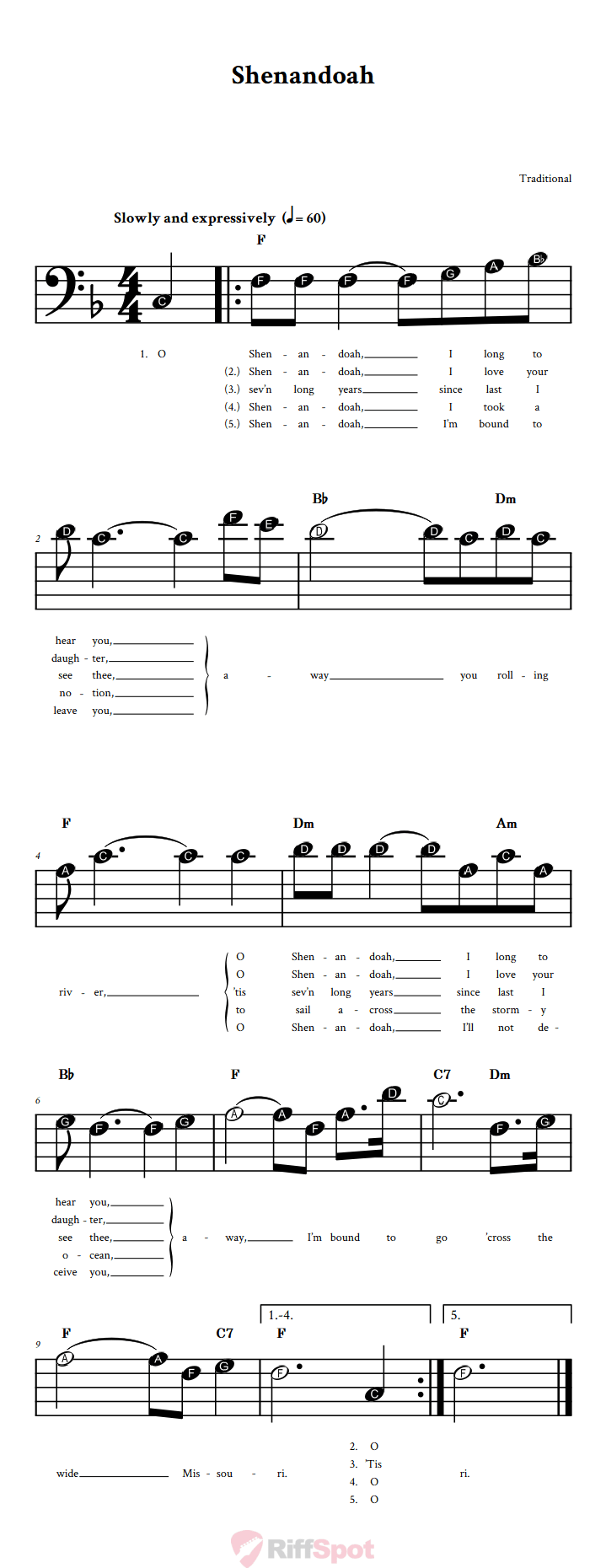 Shenandoah Beginner Bass Clef Sheet Music With Letters for Note Names