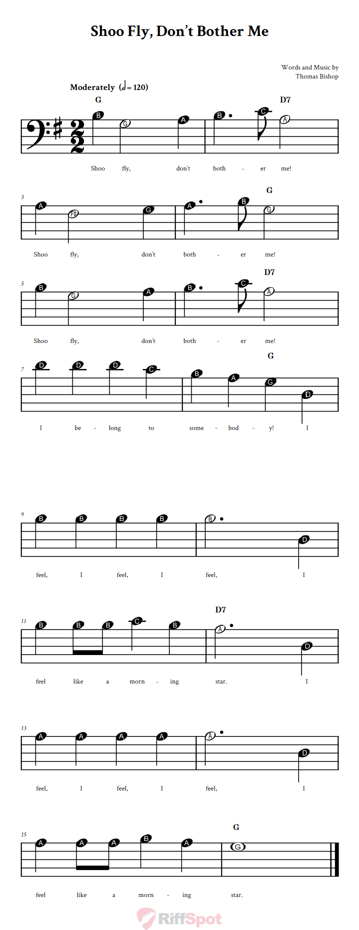 Shoo Fly, Don't Bother Me Beginner Bass Clef Sheet Music With Letters for Note Names