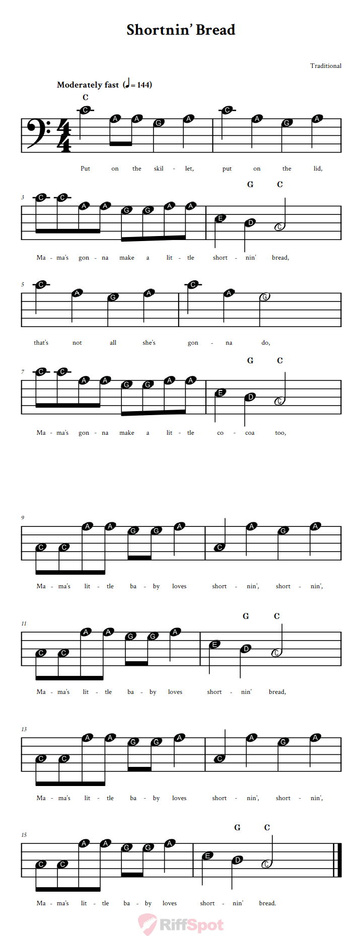 Shortnin' Bread Beginner Bass Clef Sheet Music With Letters for Note Names