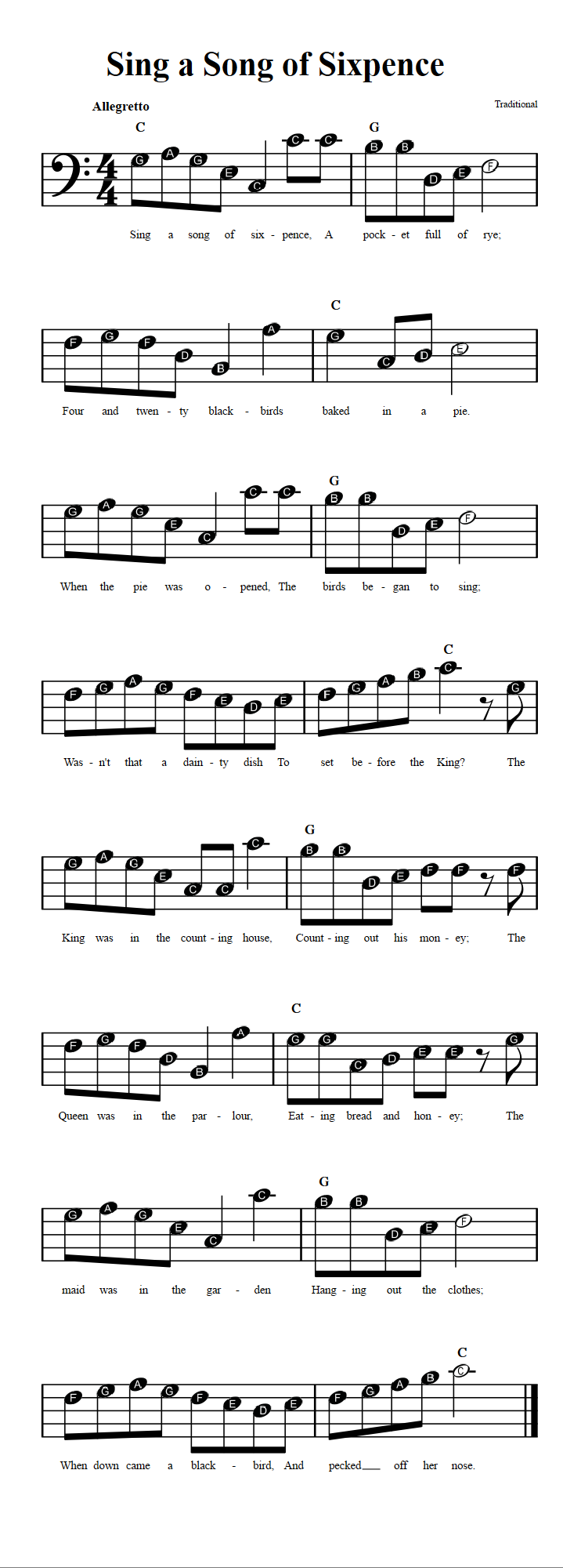 Sing a Song of Sixpence  Beginner Bass Clef Sheet Music