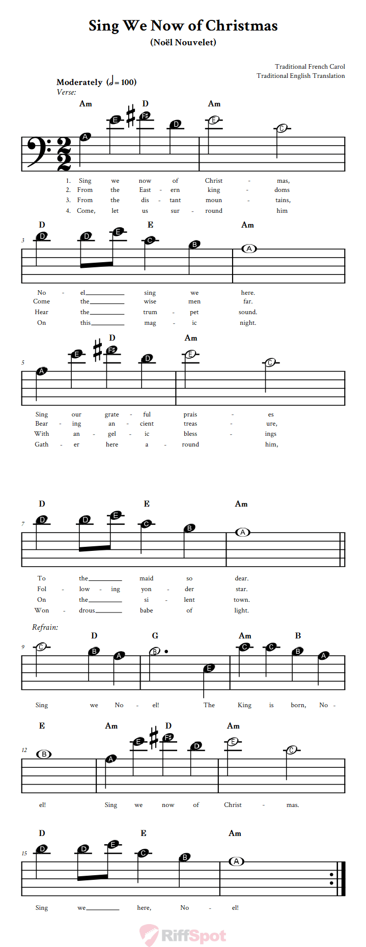 Sing We Now of Christmas Beginner Bass Clef Sheet Music With Letters for Note Names