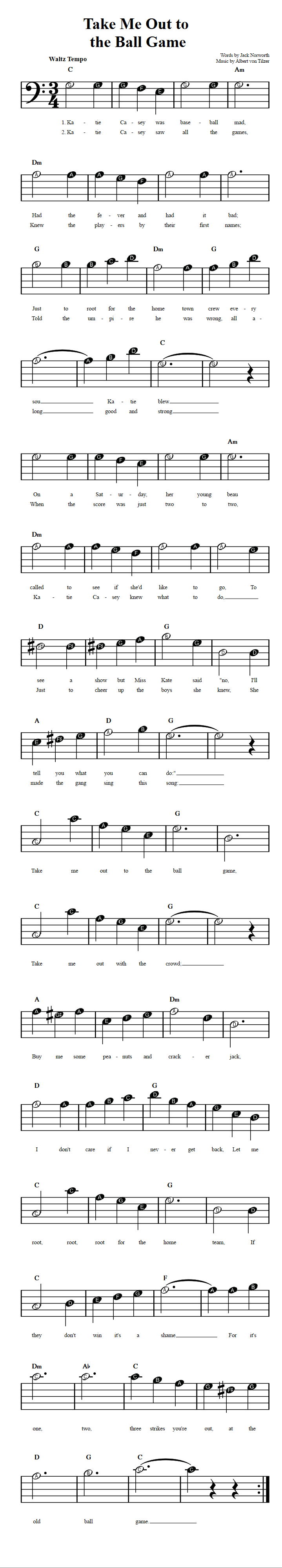 Take Me Out to the Ball Game  Beginner Bass Clef Sheet Music