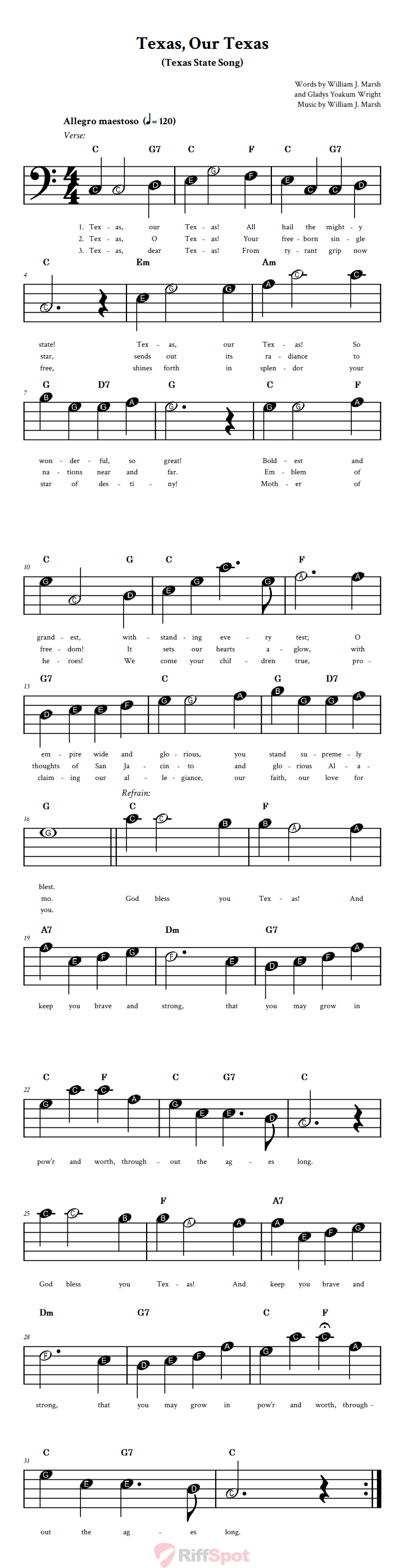 Texas, Our Texas Beginner Bass Clef Sheet Music With Letters for Note Names