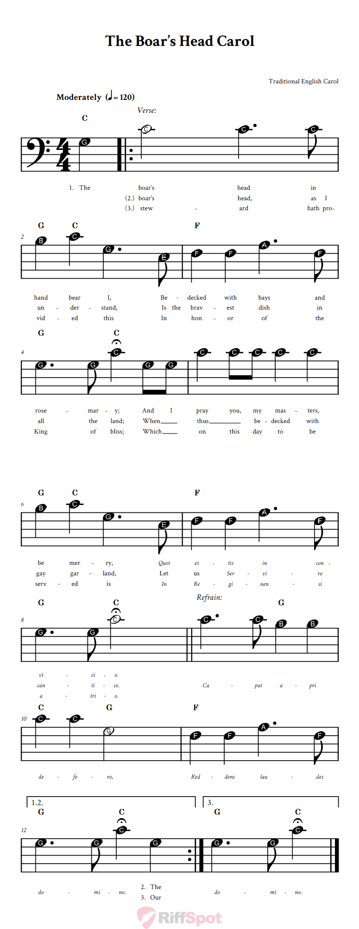 The Boar's Head Carol Beginner Bass Clef Sheet Music With Letters for Note Names