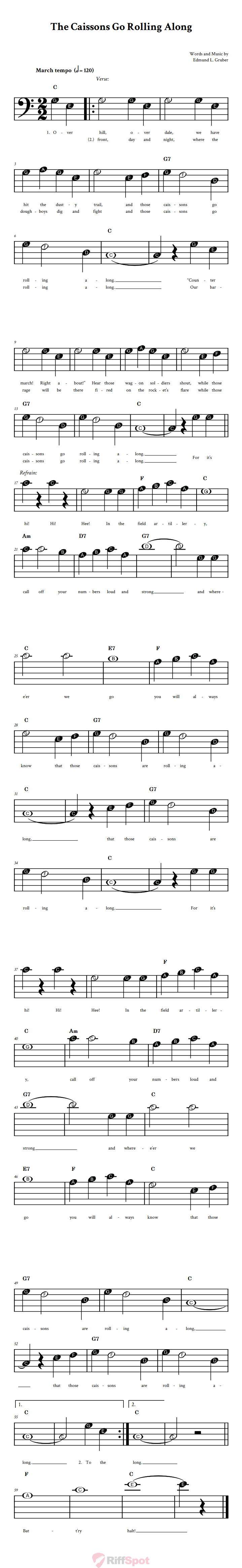 The Caissons Go Rolling Along Beginner Bass Clef Sheet Music With Letters for Note Names