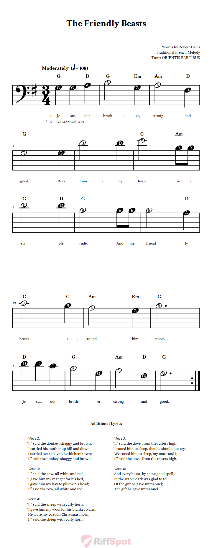 The Friendly Beasts Beginner Bass Clef Sheet Music With Letters for Note Names