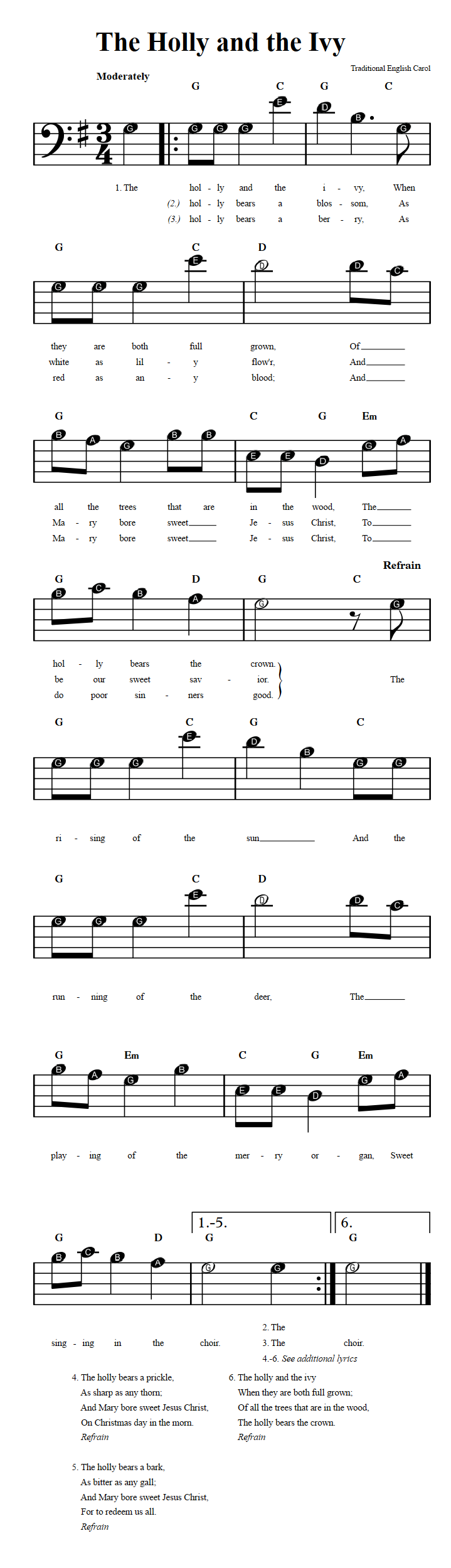 The Holly and the Ivy  Beginner Bass Clef Sheet Music