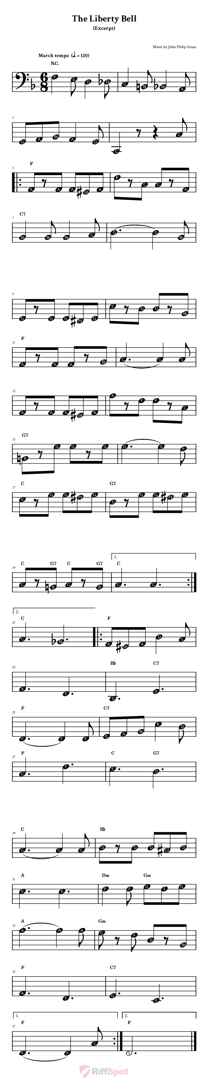 The Liberty Bell Beginner Bass Clef Sheet Music With Letters for Note Names