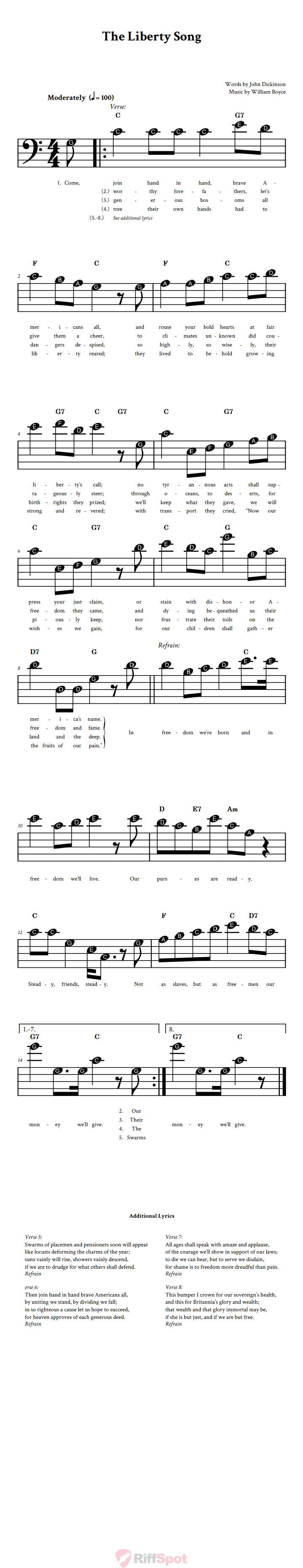 The Liberty Song Beginner Bass Clef Sheet Music With Letters for Note Names