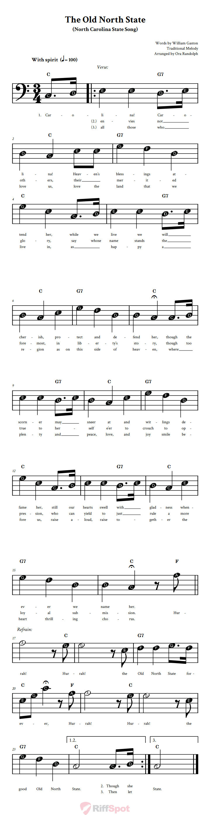 The Old North State Beginner Bass Clef Sheet Music With Letters for Note Names