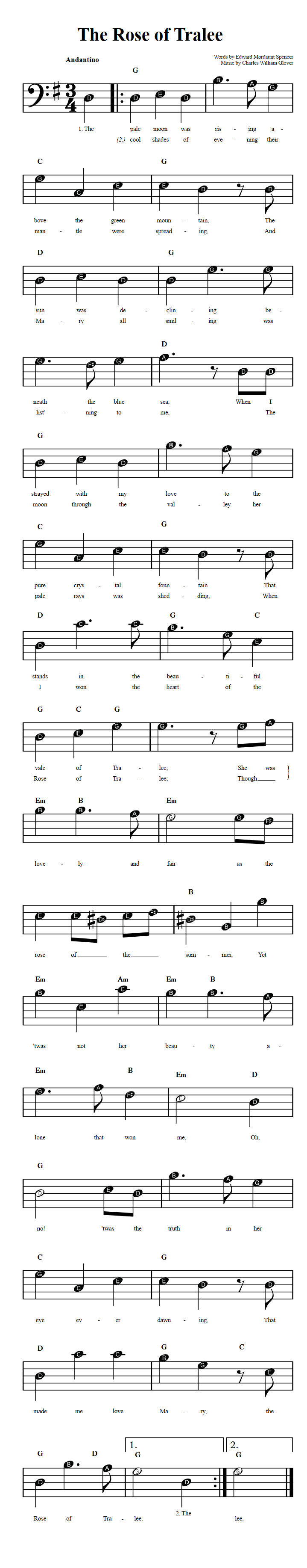 The Rose of Tralee  Beginner Bass Clef Sheet Music