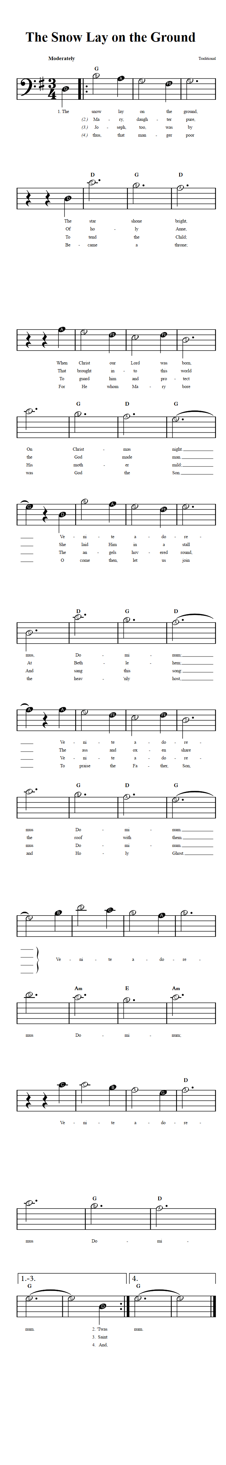 The Snow Lay on the Ground  Beginner Bass Clef Sheet Music
