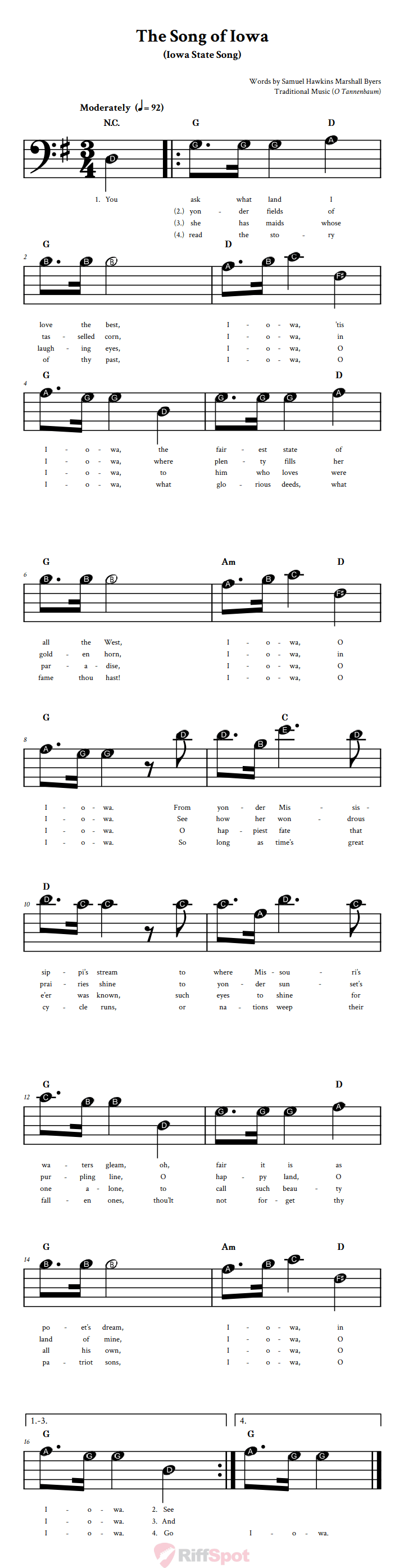 The Song of Iowa Beginner Bass Clef Sheet Music With Letters for Note Names