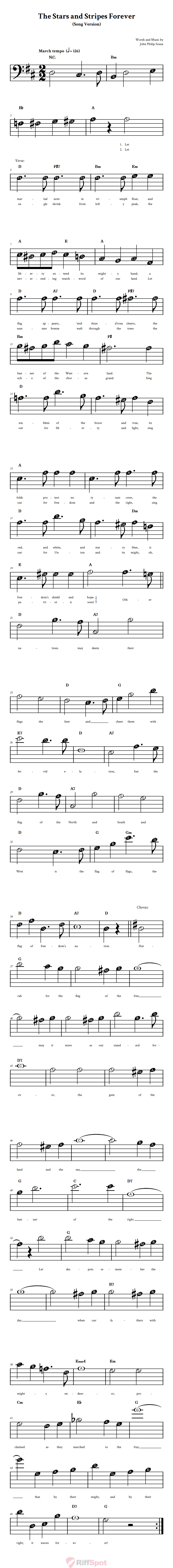 The Stars and Stripes Forever (Song) Beginner Bass Clef Sheet Music With Letters for Note Names
