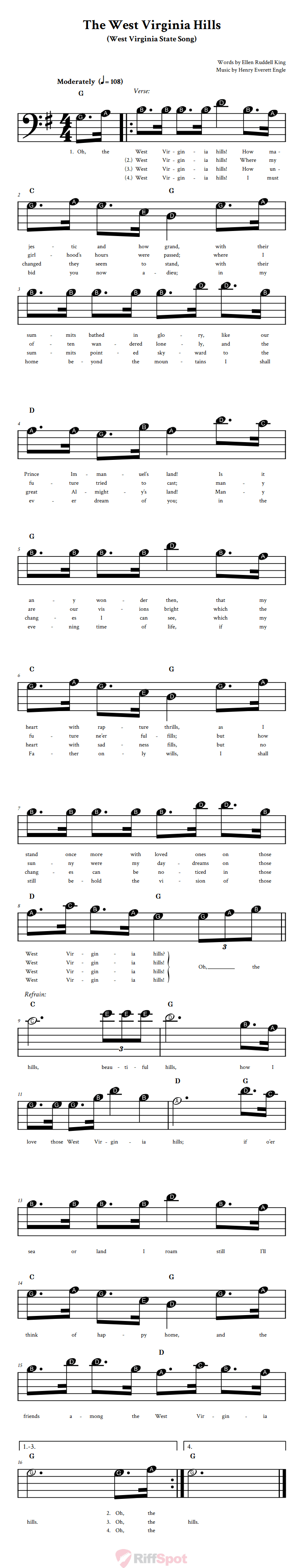 The West Virginia Hills Beginner Bass Clef Sheet Music With Letters for Note Names