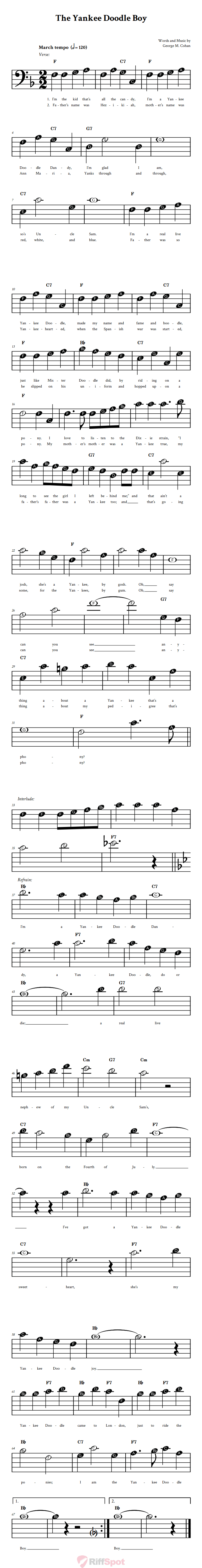 The Yankee Doodle Boy Beginner Bass Clef Sheet Music With Letters for Note Names