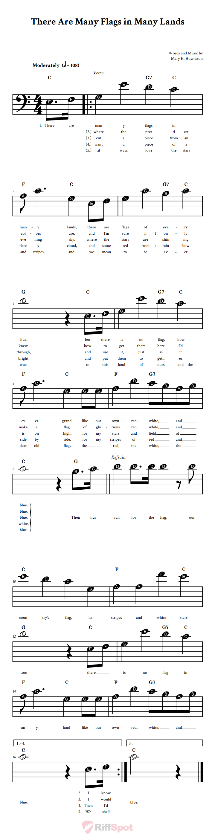 There Are Many Flags in Many Lands Beginner Bass Clef Sheet Music With Letters for Note Names