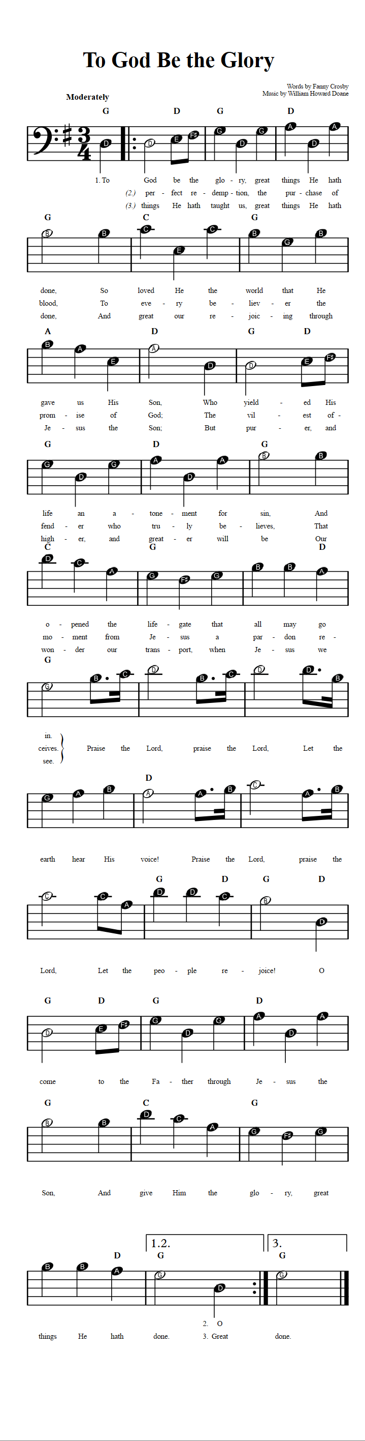 To God Be the Glory  Beginner Bass Clef Sheet Music