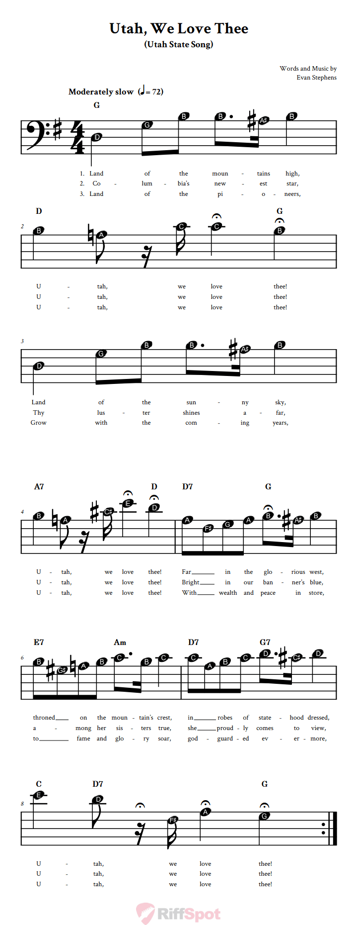 Utah, We Love Thee Beginner Bass Clef Sheet Music With Letters for Note Names