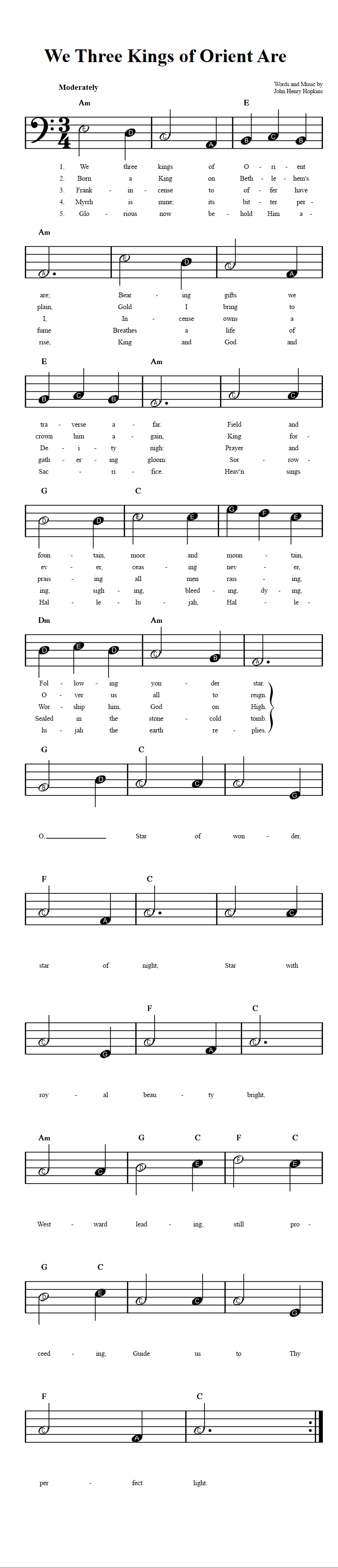 We Three Kings of Orient Are  Beginner Bass Clef Sheet Music