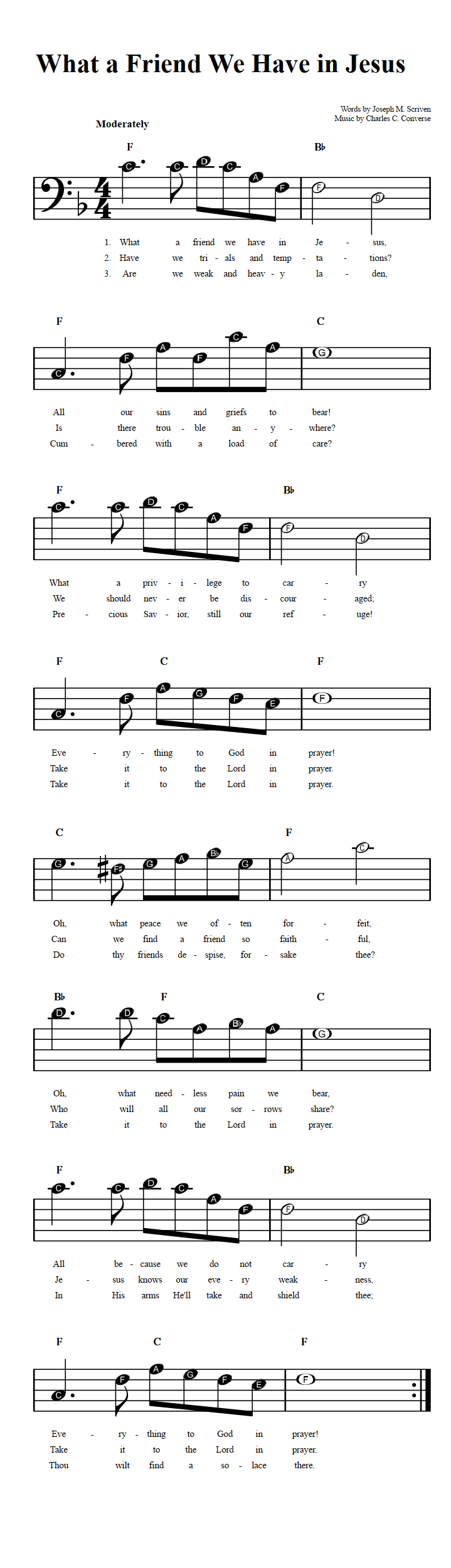 What a Friend We Have in Jesus  Beginner Bass Clef Sheet Music